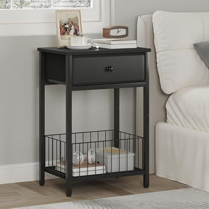 Nightstands Set of 2 with PU Leather Front Drawer, 3-Tier End Table with Bottom Mesh Basket, Industrial Bedside Tables for Bedroom, Black - color: Black