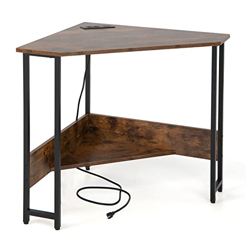 HOMGX Triangle Corner Computer Desk for Small Space, Rustic Brown, Modern Style, Space Saving, USB Ports & Power Outlet, Sturdy & Durable Construction, 28.5" x 30" - color: Rustic Brown