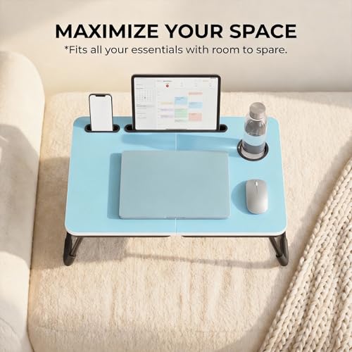BUYIFY 23.4" Foldable Lap Desk Bed Table with Cup Holder Portable Tray | Folds Flat for Easy Storage, No Assembly Laptop Bed Desk, Sturdy and Lightweight, Patent Design, Blue - color: Blue
