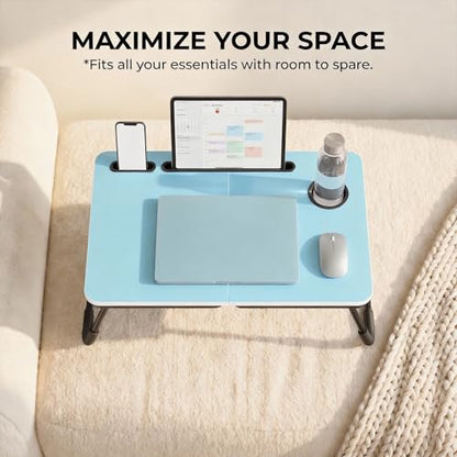 BUYIFY 23.4" Foldable Lap Desk Bed Table with Cup Holder Portable Tray | Folds Flat for Easy Storage, No Assembly Laptop Bed Desk, Sturdy and Lightweight, Patent Design, Blue - color: Blue
