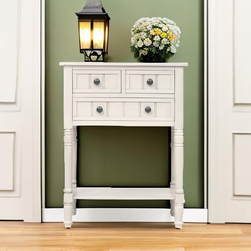 Knocbel Slim Antique Entry Console Table with Drawers & Bottom Open Shelf, Solid Wood Sofa Couch Table for Entryway Hallway Living Room (Ivory White) - color: Ivory White