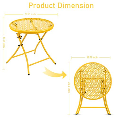 TeoKJ Folding Outdoor Side Tables, Anti Rust Small Patio Table Round Metal Nightstand with Flower Cutouts for Porch Yard Balcony Deck Lawn, Yellow - color: Yellow