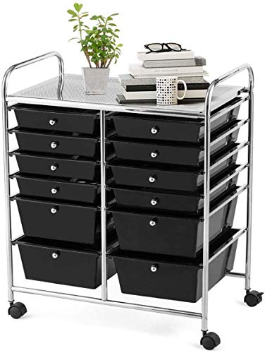 Moccha 12-Drawer Rolling Storage Cart - Utility Cart on Wheels with Lockable Casters for Craft Art Supply Paper Salon, Mobile Drawer Carts for Classroom Teacher School Office - color: Black, style: 12 Drawers