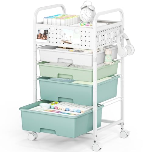 4 Drawer Rolling Storage Cart with Pegboard Top and Hooks, Gradient Green | Mobile Organizer Cart with Wheels for Office Supplies, Craft Storage, Classroom Organization, Home Utility Cart - color: Gradient Green, size: 4-Drawers
