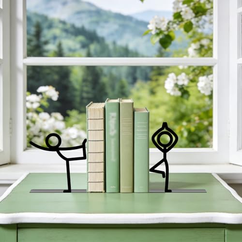 Metal Bookends Yoga People Book Ends for Shelves | Figurine Bookends Decorative Unique Desk Bookend Black Book Stopper for Home Reading Bookshelf Decor Book Lovers Gift - style: Yoga People