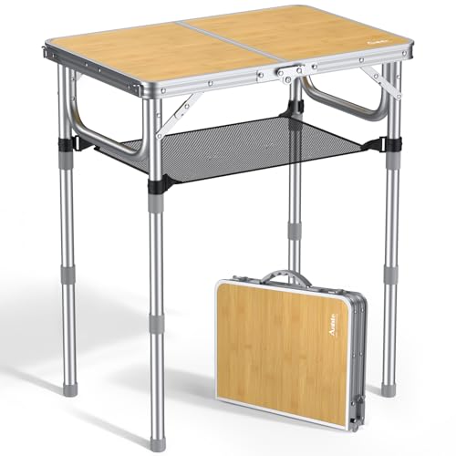 Anbte 2ft Camping Table Foldable, 3 Adjustable Heights High 27.5" Aluminum Small Folding Table with Carrying Handle, Portable, for Outdoor Indoor Picnic Beach BBQ Travel, 24" x 16", Light Oak Grain - color: Light Oak Grain