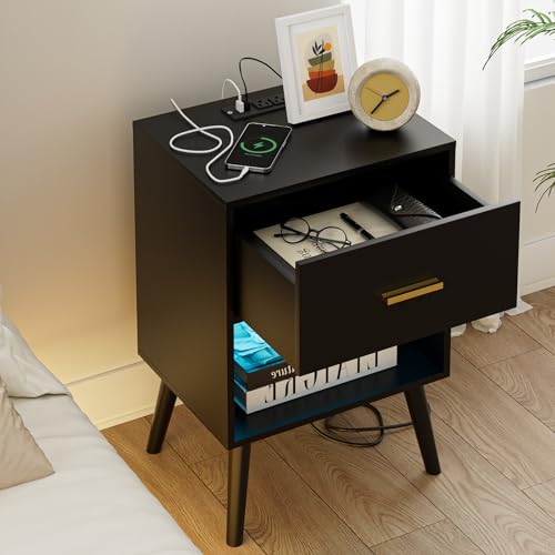 Aienvey Nightstand with Charging Station and LED Lights, Black | Small Side Table, Bedside Table with Drawer, Modern Night Stand with Light/Power Strip, End Table for Bedroom, Living Room - color: Black