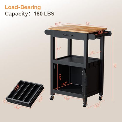 VINGLI Rolling Kitchen Cart with Microwave Stand, Storage Cabinet & Drawer, Small Coffee Cart with Side Hooks & Towel Rods, Compact Kitchen Island on Swivel Wheels, Black - color: Black, size: 33"
