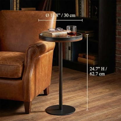 Small Round Side Table,Drink Table with Weighted Base,Industrial Metal & Wood Pedestal End Table with Tray Top, Martini Table for Small Spaces, Living Room, Next to Sofa,24.7" H - color: Rustic Brown