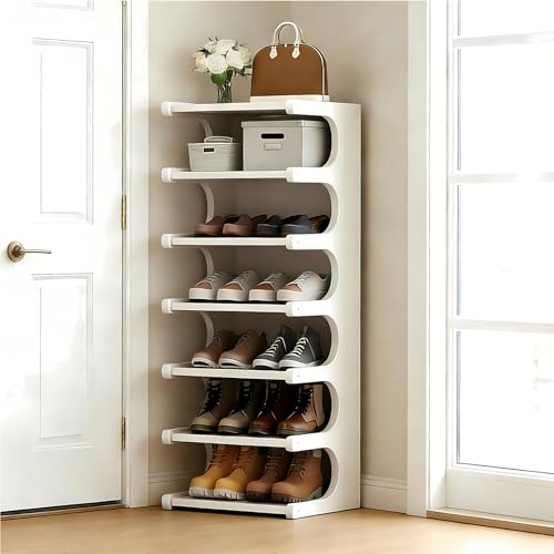 7-Tier Vertical Shoe Rack, Bamboo Free Standing Shoe Rack Shelf, Shoe Storage Stand, Entryway Shoe Tower, Vertical Shoe Organizer for Narrow Closet, Entryway, Hallway - color: White