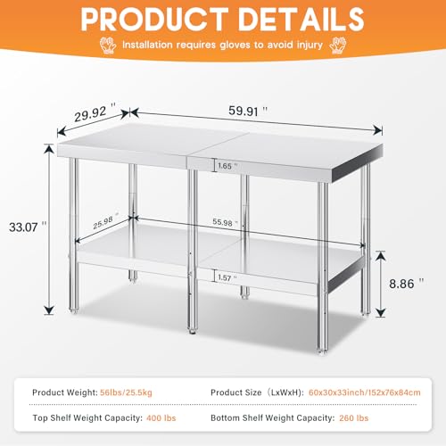 Jocisland 30" x 60" Stainless Steel Table for Prep & Work, Food-Grade Stainless Steel Adjustable Under Shelf and Feet, for Commercial Kitchen, Restaurant, Hotel and Garage - size: 30x60 in, style: Table