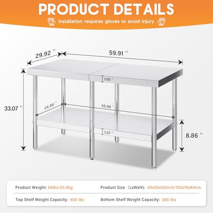 Jocisland 30" x 60" Stainless Steel Table for Prep & Work, Food-Grade Stainless Steel Adjustable Under Shelf and Feet, for Commercial Kitchen, Restaurant, Hotel and Garage - size: 30x60 in, style: Table