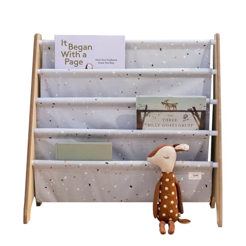 3 Sprouts Recycled Kids Bookshelf, Holds 35 Books, 4-Tier, Terrazzo Gray | Space-saving bookshelf, Children's room, Toddler bookcase organizer, Ages 3+, Book/toy storage, Front-facing, Covers visible - color: Terrazzo Light Gray