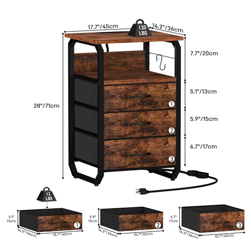 runjuly Night Stand Set 2, Nightstand with LED Lights and Fabric Drawers, Matching End Tables with Charging Station USB C Port, Bedside Tables with Hooks for Bedroom, Rustic Brown - color: Rustic Brown, style: Larger+Taller Set of 2