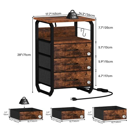 runjuly Night Stand Set 2, Nightstand with LED Lights and Fabric Drawers, Matching End Tables with Charging Station USB C Port, Bedside Tables with Hooks for Bedroom, Rustic Brown - color: Rustic Brown, style: Larger+Taller Set of 2