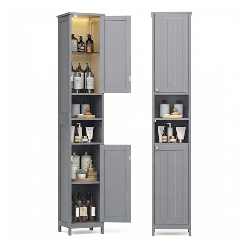 VASAGLE Tall Storage Cabinet with Lights, Slim Freestanding Cabinet with Adjustable Shelves, for Small Spaces, Bathroom, Living Room, Modern, 11.8 Inches Wide, Dove Gray UBBC566G02 - color: Dove Gray, size: 11.8"D x 11.8"W x 66.9"H, style: with Lights