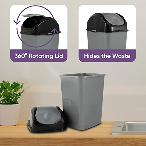 Superio Mini Plastic Trash Can with Swing Top Lid 1.25 Gallon Compact Small Waste Bin Portable Garbage Can for Countertop, Desktop, Make up Vanity, Bathroom, Car, Under Sink, Dorm 5 Qt (Grey/Black, 2) - size: 1.25 Gallon