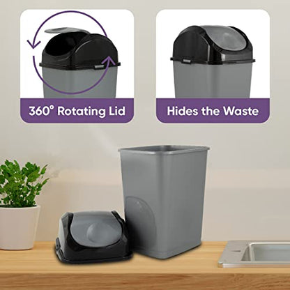 Superio Mini Plastic Trash Can with Swing Top Lid 1.25 Gallon Compact Small Waste Bin Portable Garbage Can for Countertop, Desktop, Make up Vanity, Bathroom, Car, Under Sink, Dorm 5 Qt (Grey/Black, 2) - size: 1.25 Gallon