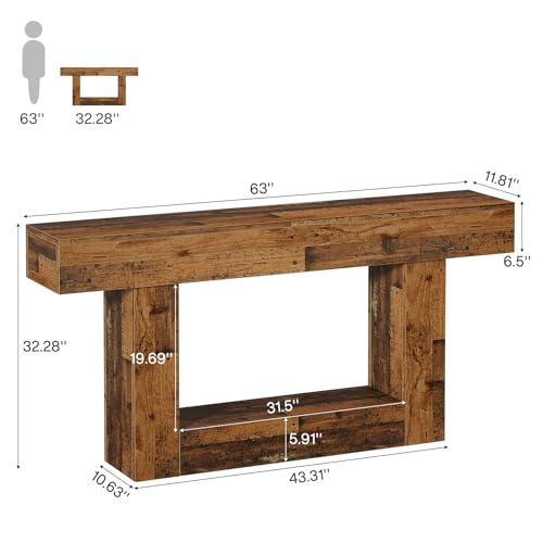 Tribesigns 63-Inch Long Console Table, 2-Tier Entryway Table Sofa Table with Storage, Farmhouse Wood Behind Couch Table for Living Room, Hallway, Rustic Mixed Brown - color: Rustic Mixed Brown
