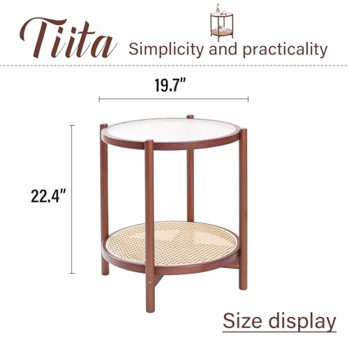 Tiita Rattan Nightstand Side Table, Bamboo Accent Bedside Tables, Glass Coffee Tables, Boho Wooden End Table with Storage for Small Space, Living Room and Bedroom - color: Round Table-s-brown