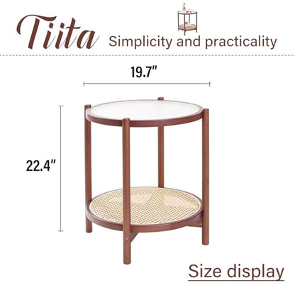 Tiita Rattan Nightstand Side Table, Bamboo Accent Bedside Tables, Glass Coffee Tables, Boho Wooden End Table with Storage for Small Space, Living Room and Bedroom - color: Round Table-s-brown
