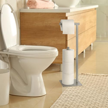 Toilet Paper Holder Stand Silver Toilet Paper Roll Holder for Bathroom, Freestanding Metal TP Holder with Reserve Toilet Tissue Storage Shelf, Holds Up to 4 Rolls of Paper - color: Silver