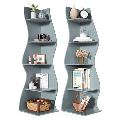 LITTLE TREE Small Corner Shelf, Modern 5-Tier Wall Corner Bookshelf, Stylish Bookcase Storage Rack for Small Space, Living Room, Bedroom, Blue, 2 Pack - color: Blue, size: 2 Pack
