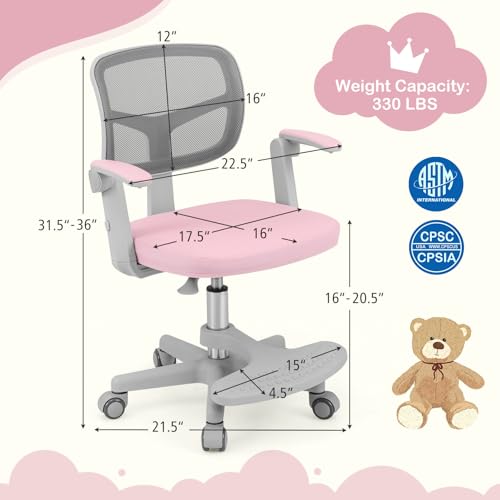 HONEY JOY Kids Desk Chair, Children Study Chair with Adjustable Height/Armrest/Footrest, Swivel Rolling Mesh Task Student Chair, Kids Computer Chair for Teens Girls Boys, Home, School, Office (Pink) - color: Pink
