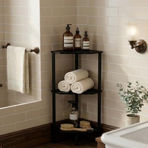 Black Corner Bathroom Shelf, 3 Tier Bamboo Kitchen Corner Shelves, Display Shelf, Shower Corner Caddy, Indoor Plant Stand Balcony, Freestanding Storage Organizer Stand for Living Room, Small Spaces - color: Black, size: 3 Tier