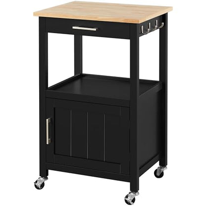 Yaheetech Kitchen Island Cart with Storage, Rolling Kitchen Island on Wheels with 6 Side Hooks, Wood Top Microwave Cart with Drawer for Dining Room, Black - color: Black
