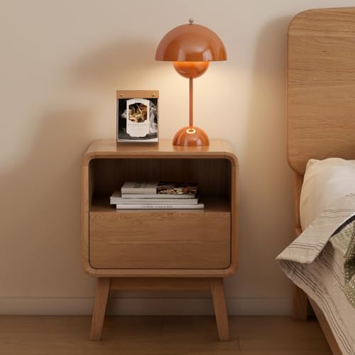 100% Solid Oak Wood Nightstand, Natural Wood Nightstand with Drawer Open Shelf, Mid Century Modern Night Stand, Small Side End Tables, Oak Bedside Table for Bedroom(16.54" Wx13.78 Dx20.47 H) - color: Natural Oak, style: Drawer & Open Storage-1
