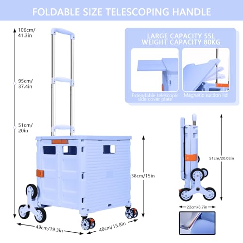 Foldable Utility Cart Folding Portable Rolling Crate with Magnetic Extended Lid,360°Rotate Wheels,176LBS Load Capacity,Heavy Duty Durable Dolly Cart(Blue) - color: Blue, size: Magnetic Extended Lid &Climber Wheels