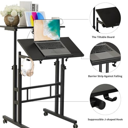 Hadulcet Mobile Standing Desk with Charging Station, Adjustable Standing Computer Desk, Standing Adjustable Laptop Cart with Wheels for Home Office Classroom Black - color: Black, size: 23.6" With Charging Station