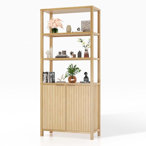 VINGLI Bookcase with Fluted Doors, 71" Wood Storage Cabinet with Adjustable Shelves, 6-Tier Display Cabinet Bookshelf for Study, Living Room, Home Office, Kitchen Pantry, Oak - color: Nature Oak