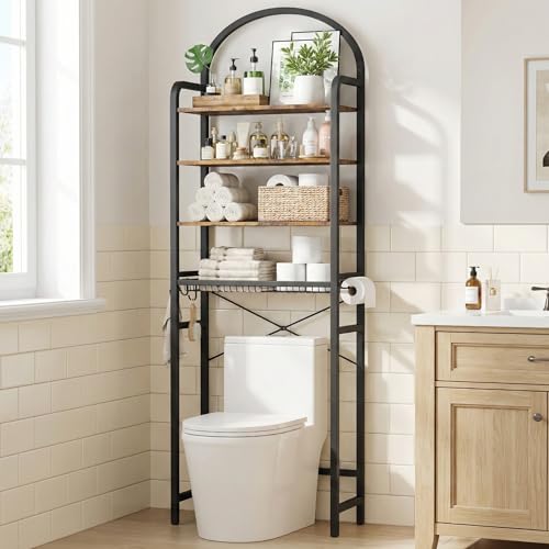 76" H Over the Toilet Storage Rack, 4-Tier Bathroom Organizer with Toilet Paper Holder & Hooks, Metal Frame with Wooden Shelves, Space Saver for Small Bathroom, Rustic Brown and Black - size: 4-tier