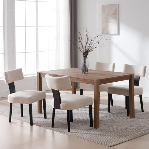 RIVOVA Mid Century Modern Dining Chairs Set of 4 Farmhouse Linen Fabric Upholstered Dining Room Chairs Kitchen Chairs with Curved Backrest Black Wood Legs, Beige - color: Black Beige Curved