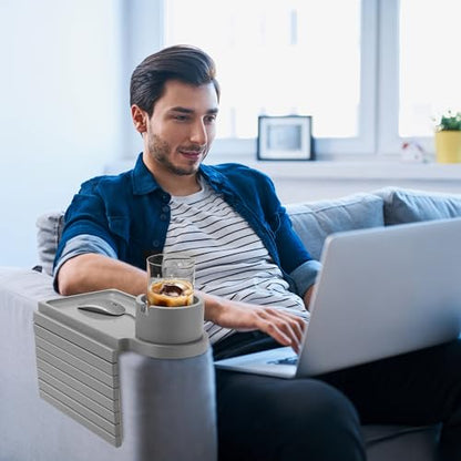 Couch Cup Holder - 3 in 1 Couch Arm Table Tray with 360° Rotating Cup Holder for Couch,Anti-Slip Arm Chair Rest Table for Large Wide Sofa Armrest, Foldable Side Table for Drinks Snacks - color: Gray
