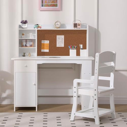 Garvee Kids Desk, Study Desk and Chair Set for Boys and Girl, Wooden Kids Writing Table with Bookshelf, Bulletin Board, Cabinet and Drawer for Ages 3-8, White - color: Pure White, style: 1 Cabinets+1 Drawer