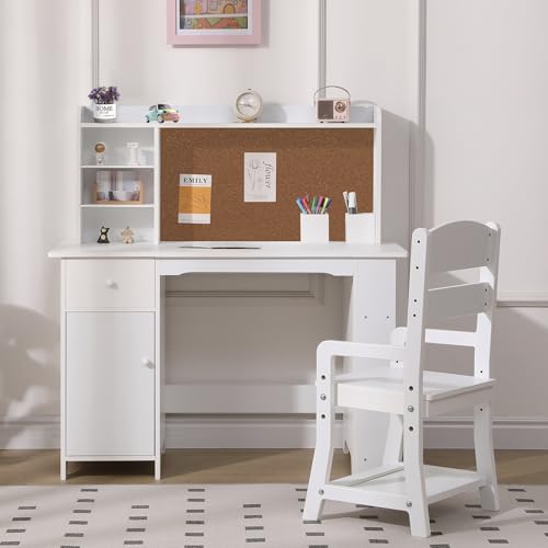 Garvee Kids Desk, Study Desk and Chair Set for Boys and Girl, Wooden Kids Writing Table with Bookshelf, Bulletin Board, Cabinet and Drawer for Ages 3-8, White - color: Pure White, style: 1 Cabinets+1 Drawer
