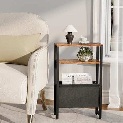 Narrow Side Table, Slim End Table with Magazine Rack, Skinny Bedside Table for Small Spaces, 3 Tier Sofa Couch Table Nightstand for Living Room, Bedroom, Rustic Brown LET503R - color: Rustic Brown, style: No Charging Station