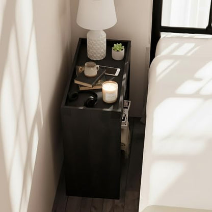 Farmhouse Narrow Side Table with Tray Top & Magazine Rack, 24" H Sofa Couch Side Table with Storage Shelf, Slim End Table for Small Spaces, Modern Nightstand for Bedroom, Living Room (Black) - color: Black