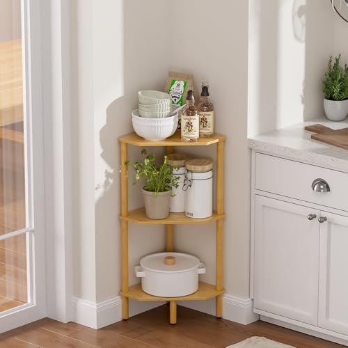 3 Tier Bamboo Corner Shelf, Storage Stand with Adjustable Feet, Small Spaces Corner Bookshelf, Plant Stand, Space-Saving Organizer Shelves, Small Corner Table for Bathroom Kitchen Living Room - color: Natural, size: 3 Tier