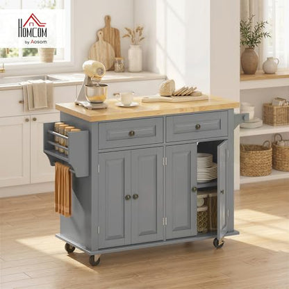 HOMCOM Kitchen Island Cart with Solid Wood Top 44" Mobile Gray | Kitchen Island Table, on Wheels, Storage Cabinets, 2 Drawers, Adjustable Shelves, Spice Rack & Towel Bar, for Dining Room - color: Grey
