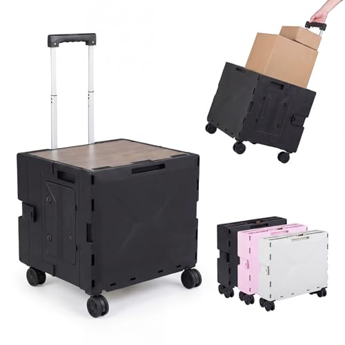 Goplus Foldable Utility Cart, Portable Rolling Crate Handcart with 4 Rotate Wheels, Telescoping Handle, Lid & Cup Holder for Travel, Shopping, Luggage, Grocery, Office & Teacher (Black) - color: Black, size: 17"x 20"x 20"