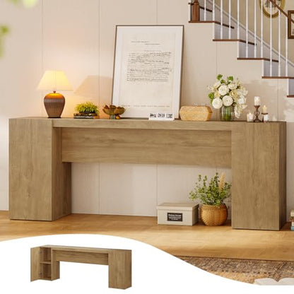 70.9-Inch Extra Long Console Table with 2 Storage Cabinet, Wood Sofa Table Behind Couch, Accent Entryway Table with Double Base for Living Room Hallway Foyer Entrance (Natural Oak)