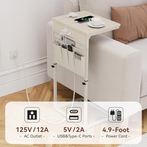 Vagusicc C-Shaped End Table with Charging Station, Small Side Table for Couch, 33" Tall C Table Adjustable Height Side Table, Couch Tables that Slide Under, Sofa Table TV Tray for Living Room, Cream - color: 1pc Cream White