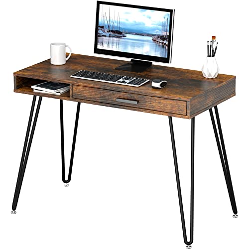 SHW Home Office Computer Hairpin Leg Desk with Drawer, Rustic Brown - color: Rustic Brown