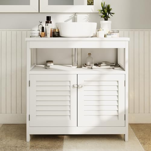 Under Sink Cabinet Pedestal Storage Cabinet with 2 Doors & Open Shelf, U Shape Cut Out Bathroom Vanity Under Sink Storage, Vanities for Toiletries Makeup in Bathrooms (White) - size: Single-story
