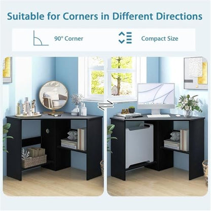 Pemberly Row Corner Computer Desk, Black Finish, Compact Triangle Design, Cable Management Holes, Spacious Storage Shelves, Scratch-Resistant Surface, Versatile Home Office or Bedroom Workstation