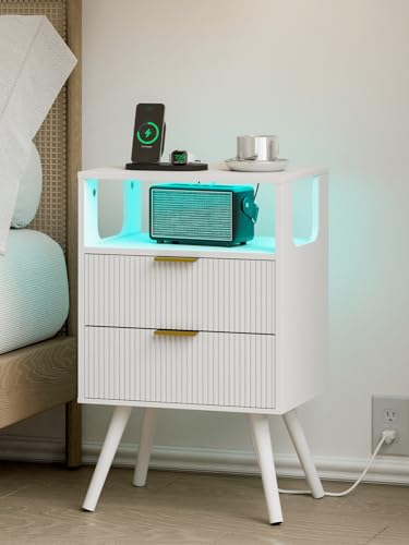 Leomonio Nightstand with Charging Station and LED Lights, Modern Bedside Table with 2 Storage Drawer and Open Wood Shelf for Bedroom and Small Spaces, Night Stand with Solid Wood Legs - color: White-outlet